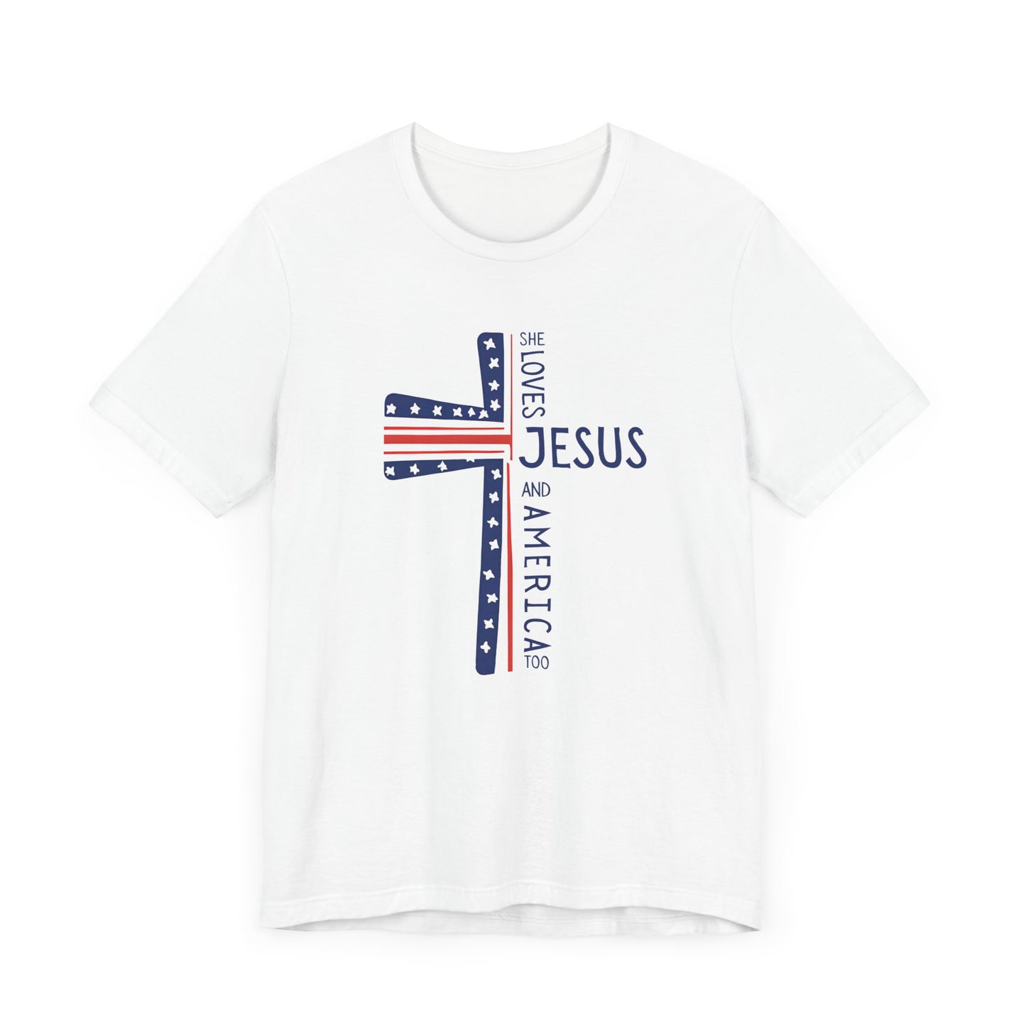 Patriotic Jesus Cross Tee - Unisex Jersey Short Sleeve, Faith Shirt, Christian Apparel, Gift for Believers, 4th of July Tee