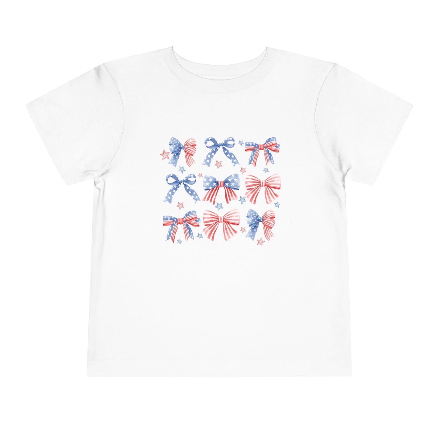 Toddler Short Sleeve Tee with Patriotic Bows, Cute Kids Shirt, Fourth of July Outfit, Summer Play Tee, Birthday Gift Alternative