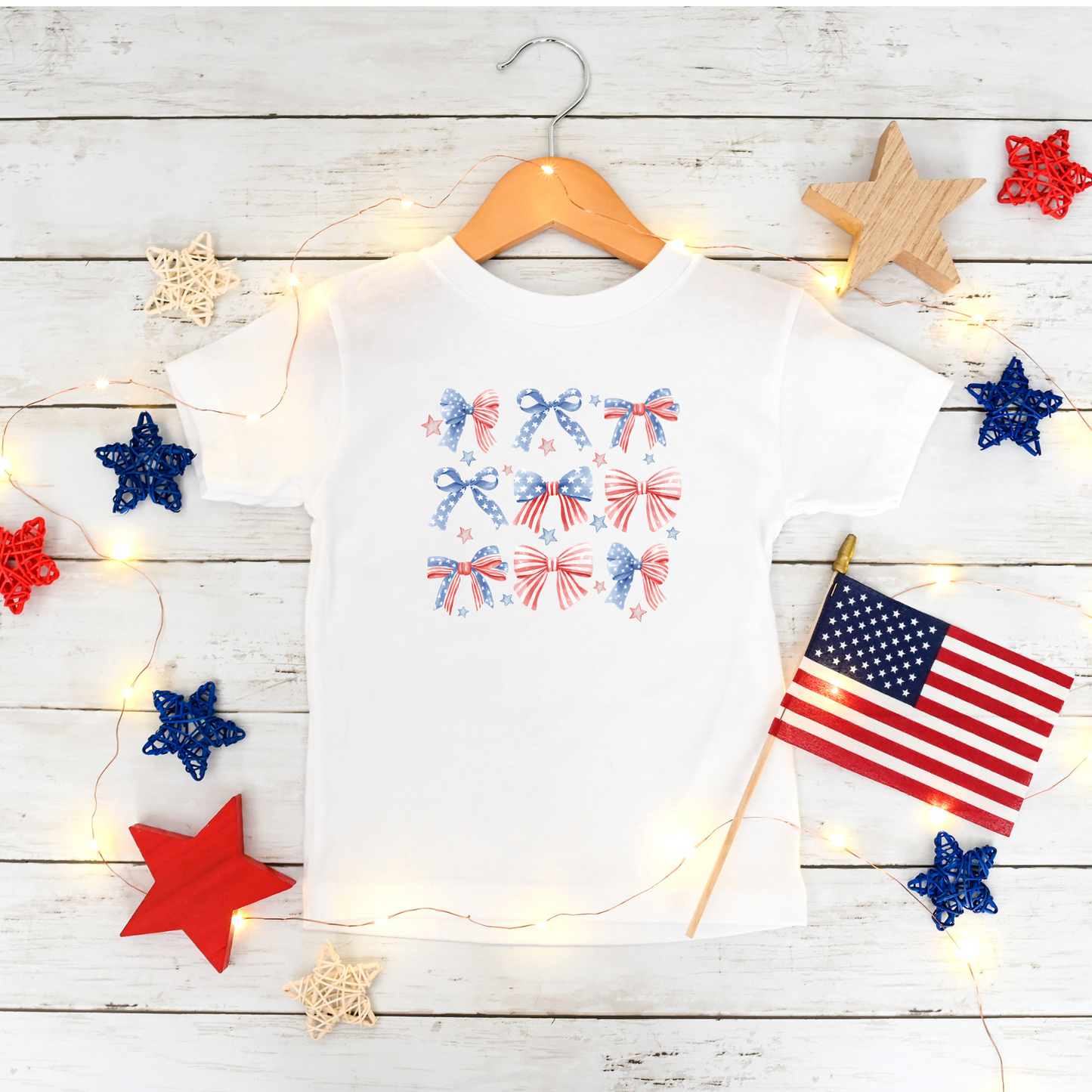 Toddler Short Sleeve Tee with Patriotic Bows, Cute Kids Shirt, Fourth of July Outfit, Summer Play Tee, Birthday Gift Alternative