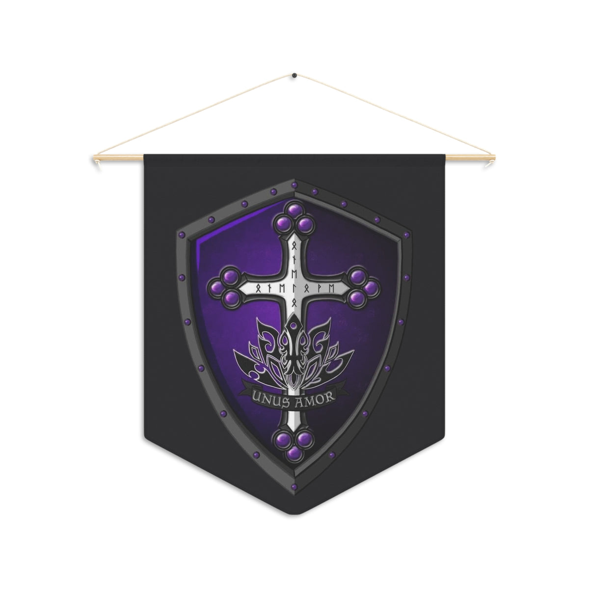 Medieval Shield Pennant — Unus Amor Heraldic Wall Banner (black background)