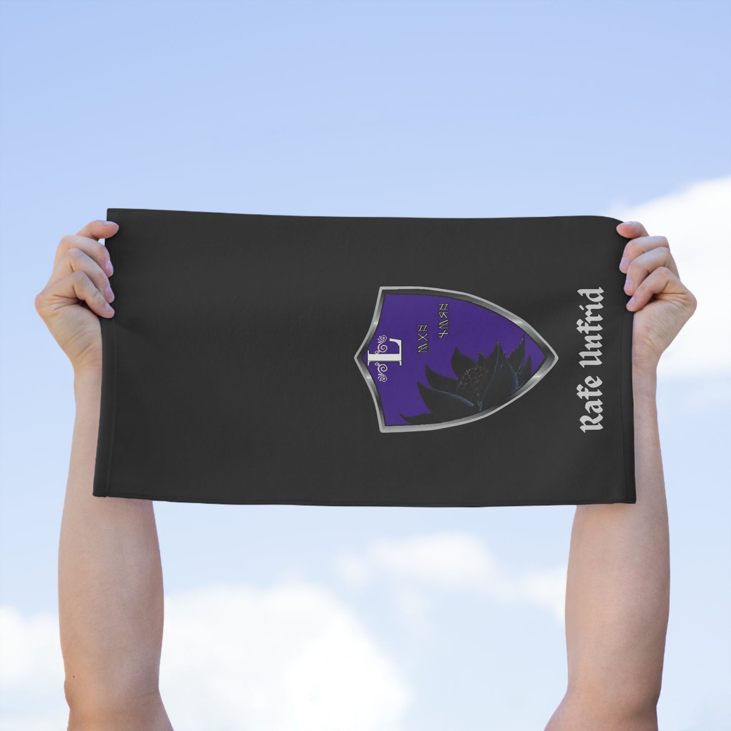 Rally Towel — Gothic Crest 'Rafe Unfrid' 11x18 Purple Shield Fan Towel