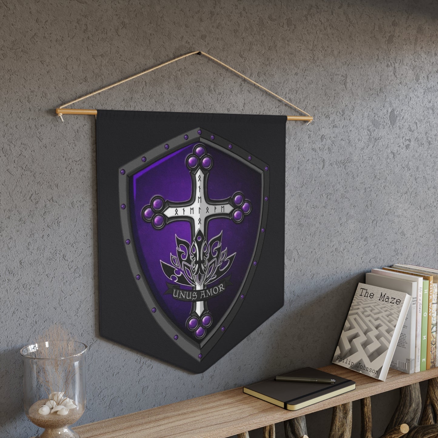 Medieval Shield Pennant — Purple Cross Crest Wall Banner ("Unus Amor") with black background