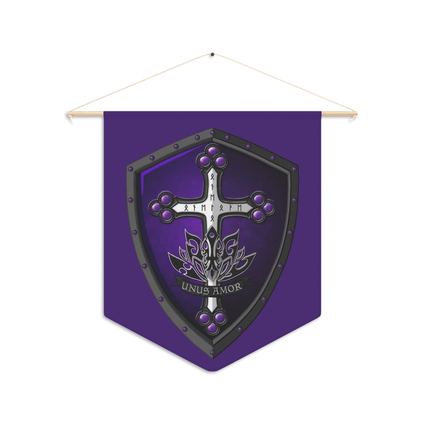 Medieval Shield Pennant — 'Unus Amor' Cross Banner (Purple)
