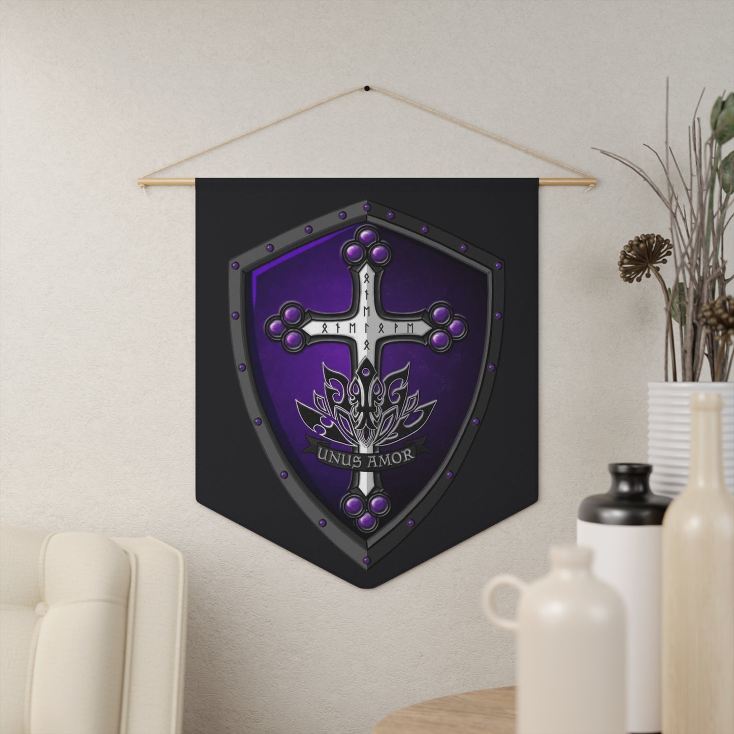 Medieval Shield Pennant — Purple Cross Crest Wall Banner ("Unus Amor") with black background