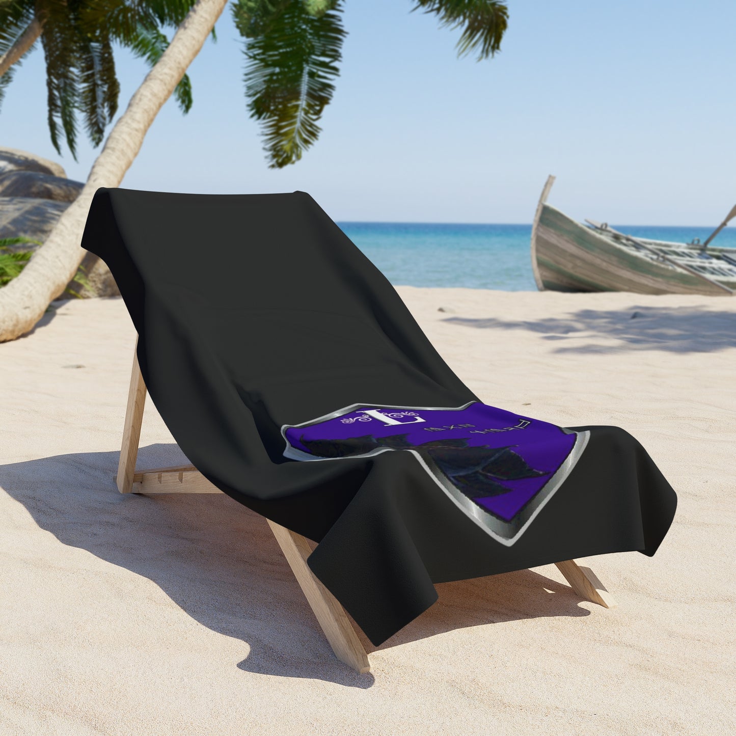 Black Beach Towel with Purple Shield Lotus Crest – Gothic Coastal Vibe