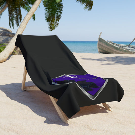 Black Beach Towel with Purple Shield Lotus Crest – Gothic Coastal Vibe