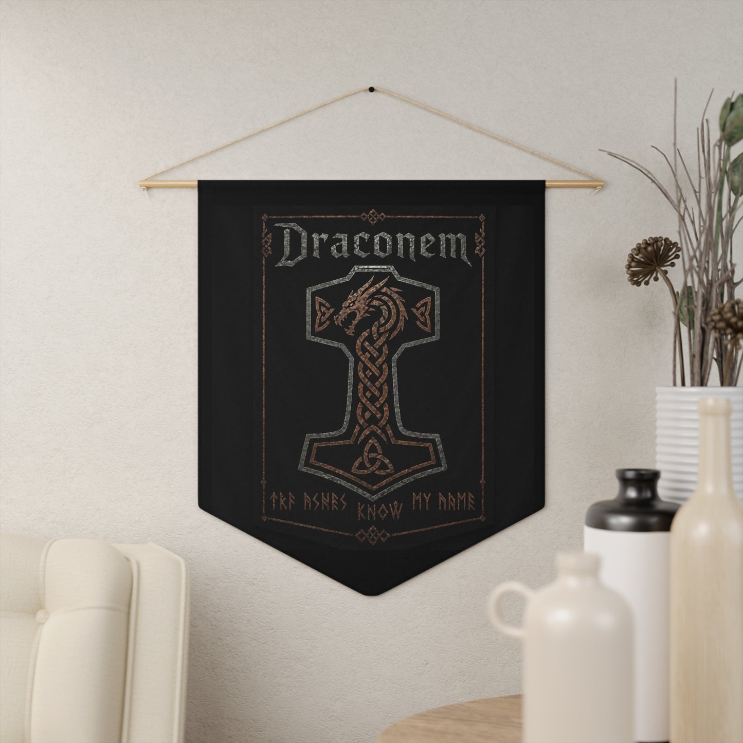 Draconem Dragon Crest Pennant Banner — "The Ashes Know My Name" Gothic Wall Flag