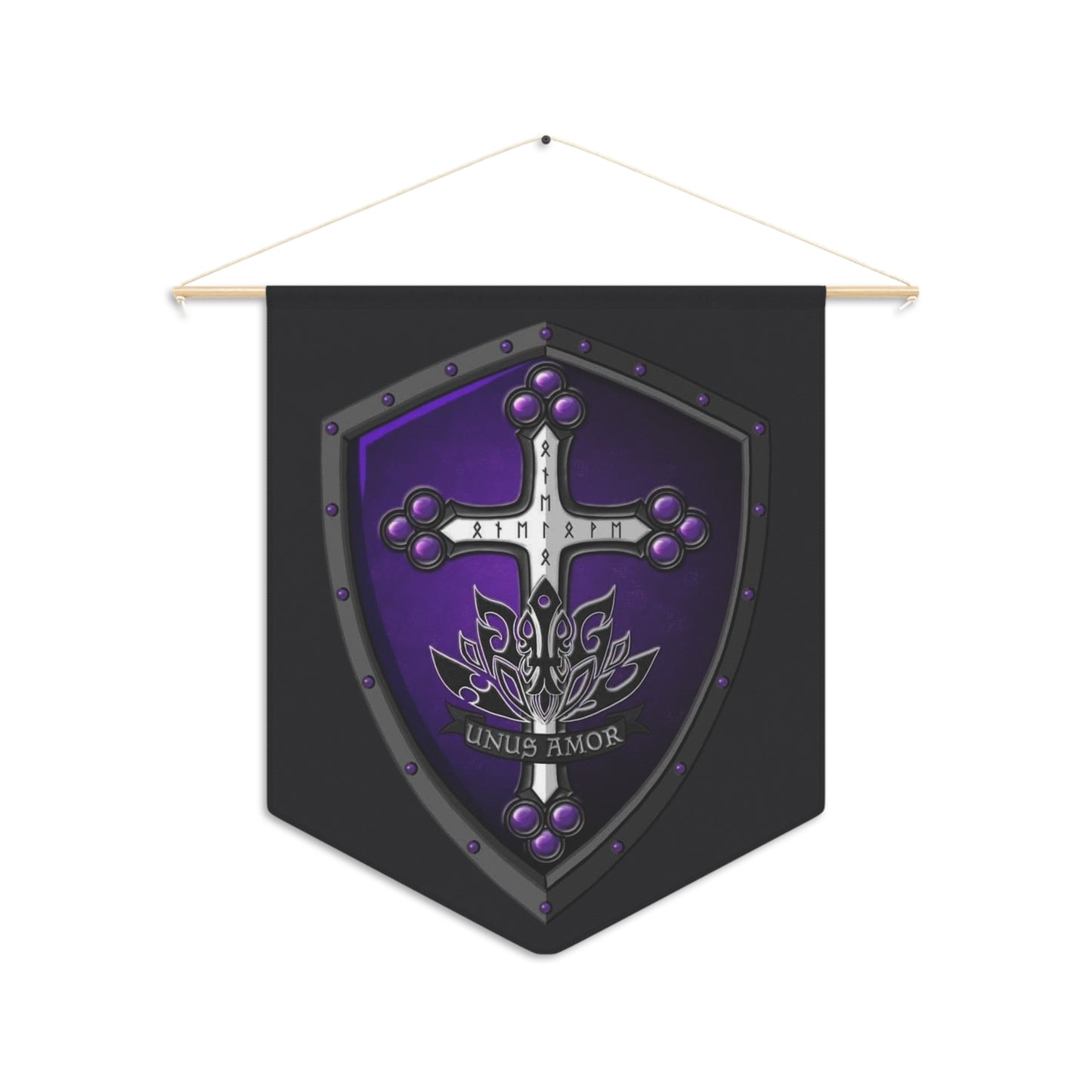 Medieval Shield Pennant — Purple Cross Crest Wall Banner ("Unus Amor") with black background