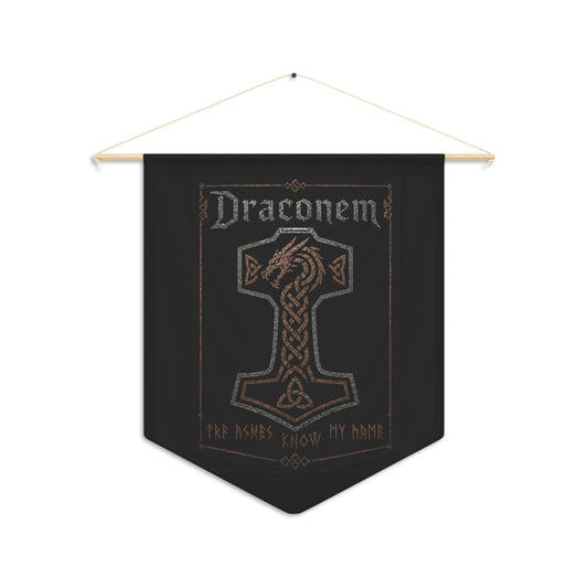 Draconem Dragon Crest Pennant Banner — "The Ashes Know My Name" Gothic Wall Flag