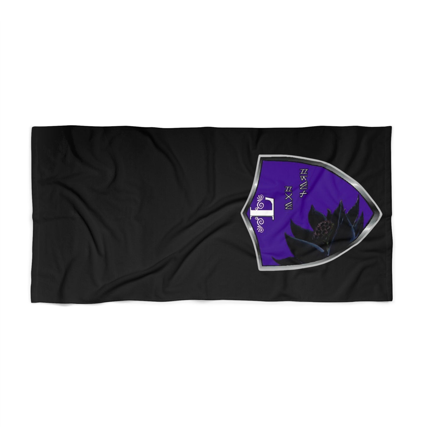 Black Beach Towel with Purple Shield Lotus Crest – Gothic Coastal Vibe