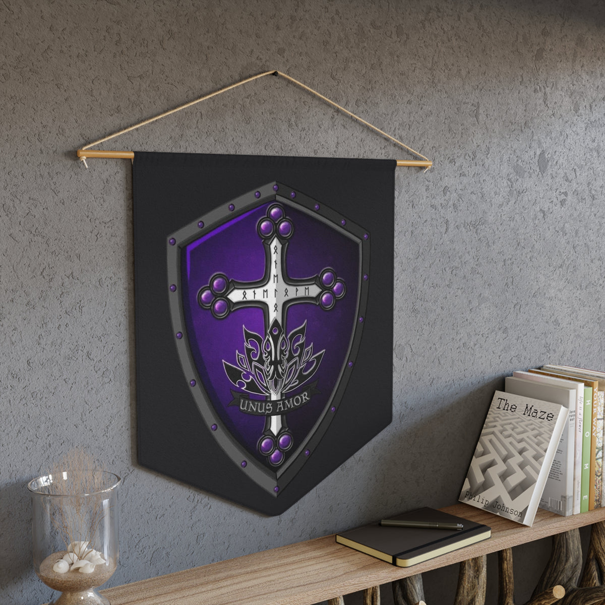Medieval Shield Pennant — Unus Amor Heraldic Wall Banner (black background)