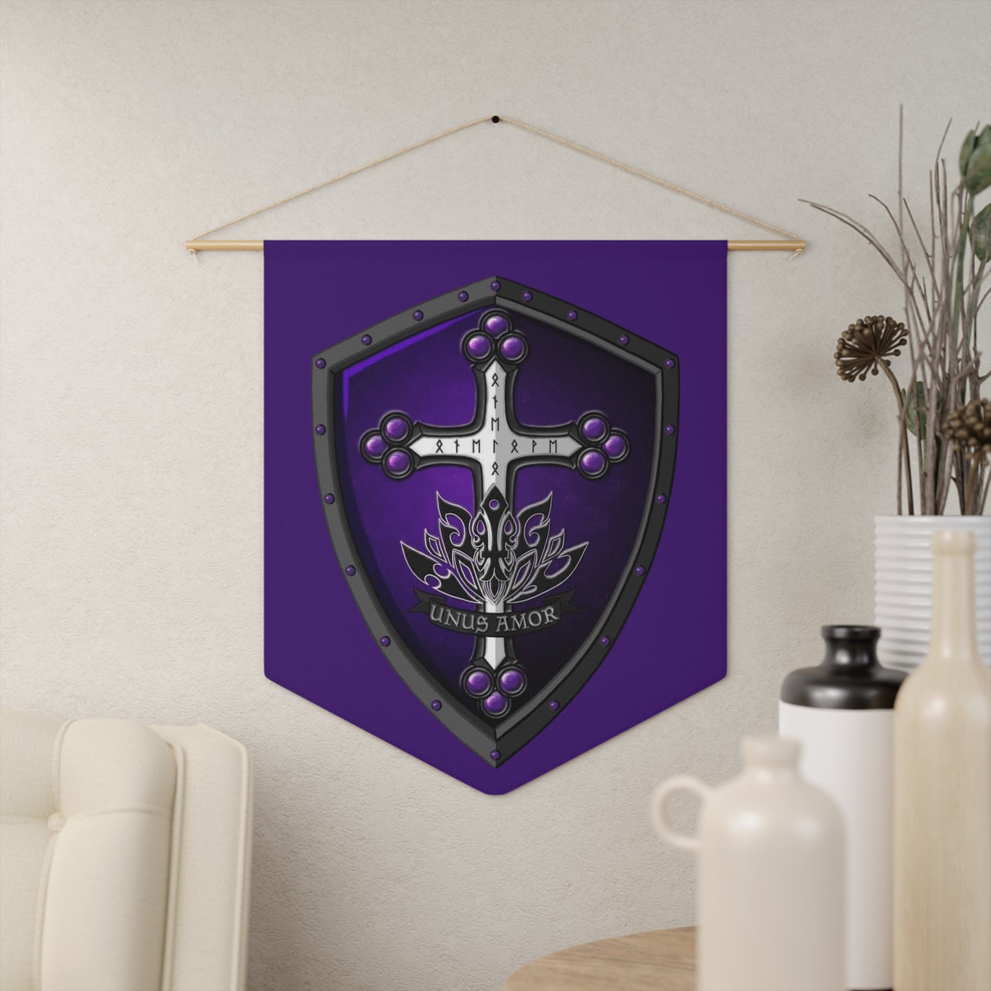 Medieval Shield Pennant — 'Unus Amor' Cross Banner (Purple)