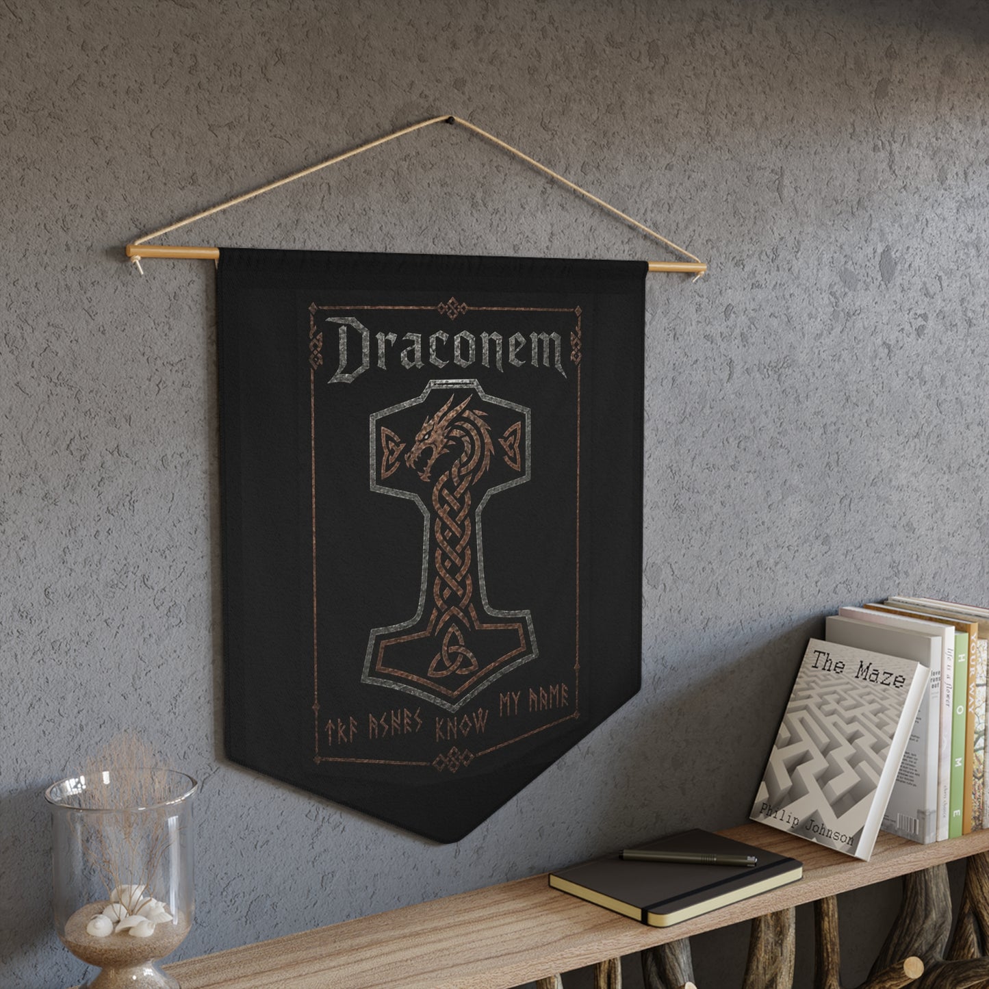 Draconem Dragon Crest Pennant Banner — "The Ashes Know My Name" Gothic Wall Flag