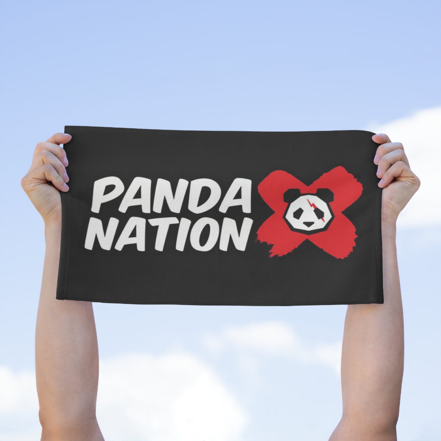 Panda Nation Rally Towel — 11x18 Fan Towel with Bold Red X & Panda Logo