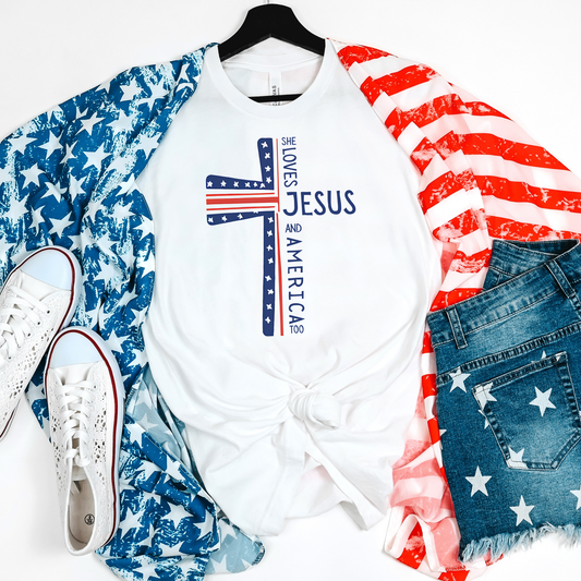 Patriotic Jesus Cross Tee - Unisex Jersey Short Sleeve, Faith Shirt, Christian Apparel, Gift for Believers, 4th of July Tee