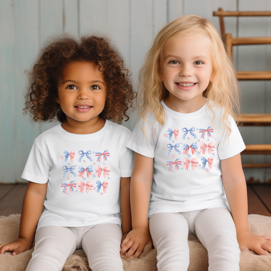Toddler Short Sleeve Tee with Patriotic Bows, Cute Kids Shirt, Fourth of July Outfit, Summer Play Tee, Birthday Gift Alternative