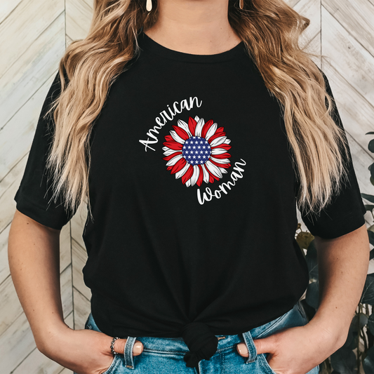 American Woman Floral Tee - Patriotic Shirt, Gift for Her, Independence Day Celebration, Everyday Casual Wear, July 4th Outfit
