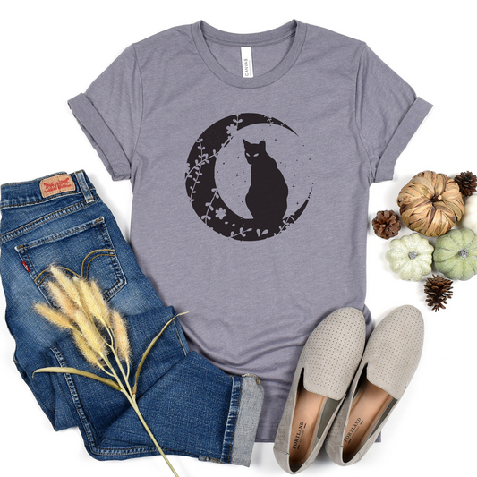 Halloween Cat on Floral Moon Shirt, Black Cat, Spooky, Fall, Moon and Stars