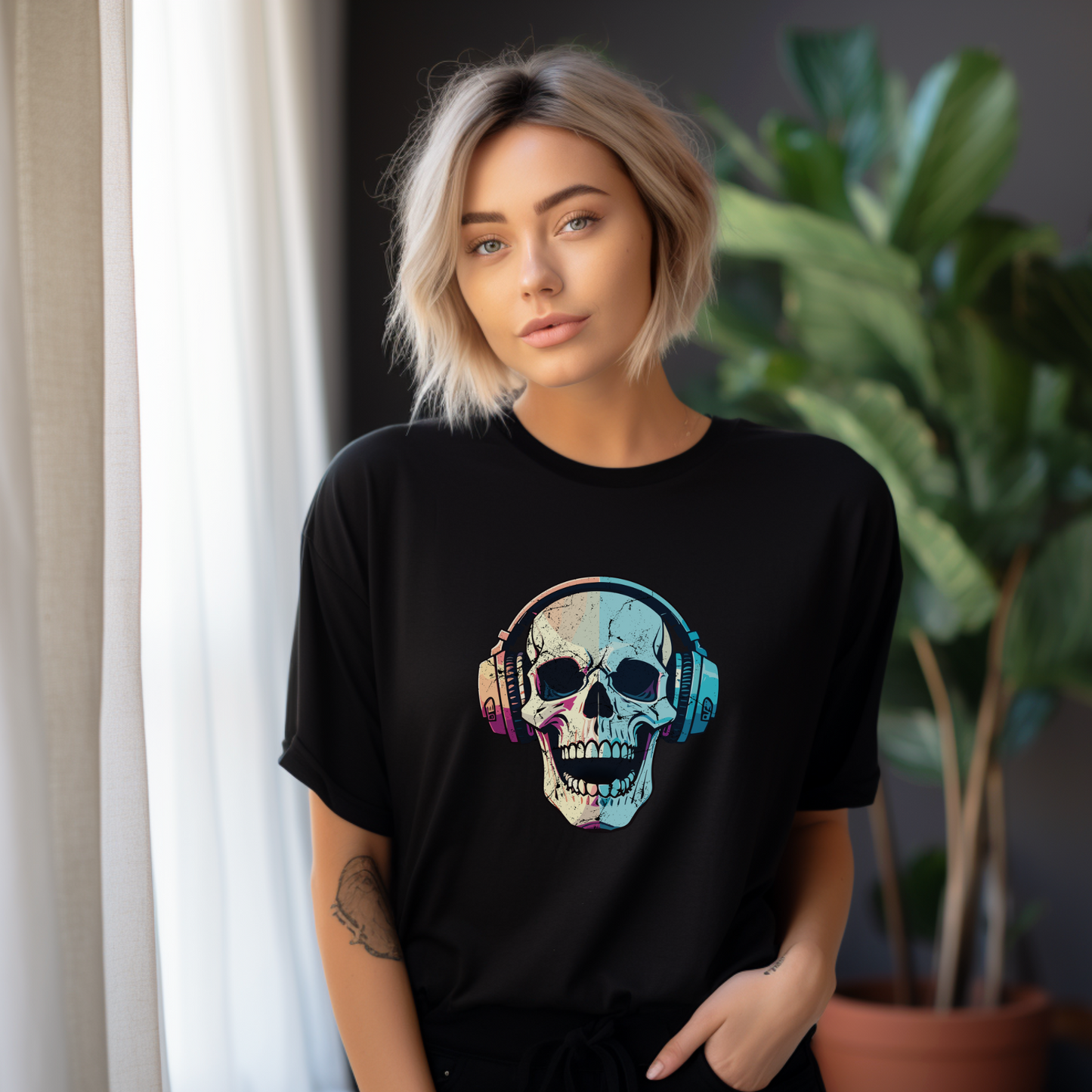 skull shirt, headphones shirt, music skeleton shirt